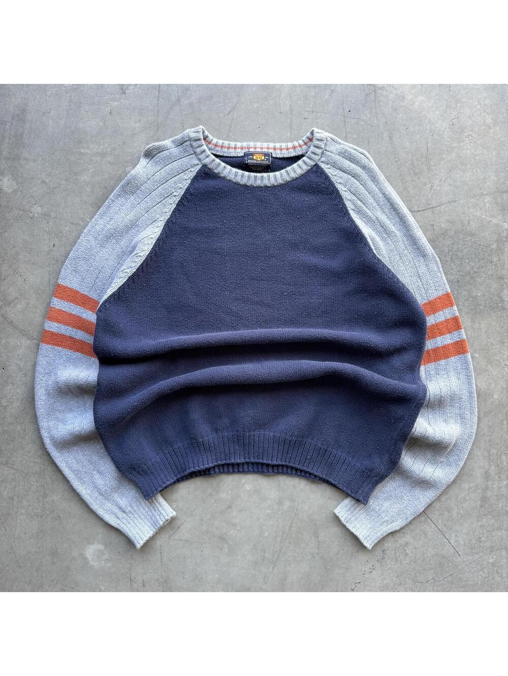 Vintage 2000s Route 66 Boxy Cropped Two Tone Striped Navy Blue Sweater